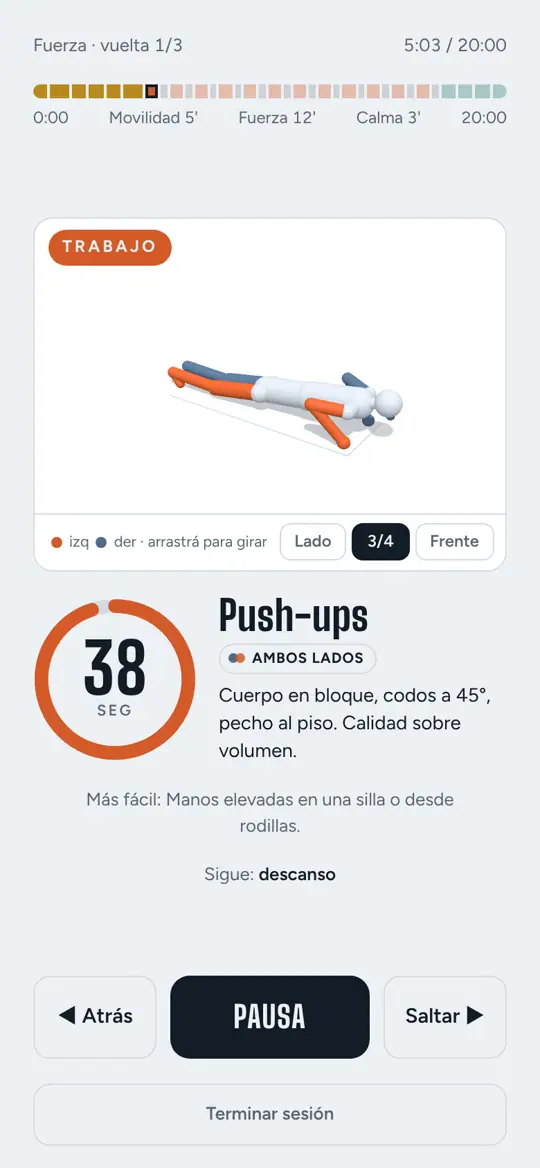 La app de LONGA durante una sesión: el maniquí 3D hace push-ups, reverse lunges y el world's greatest stretch mientras corre el timer